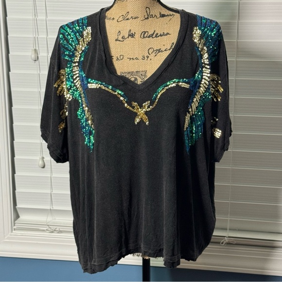 POL Black Top with Gold and Teal Birds of a Feather Sequin - Medium - Picture 2 of 8